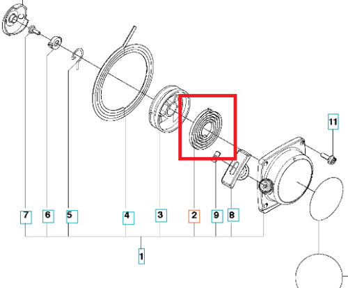 Sprężyna rozrusznika dmuchawy Husqvarna 530BT/525RXT, metalowa, okrągła z tłoczeniem na krawędzi, w pozycji leżącej, widoczna w czerwonym prostokącie na schemacie montażowym.