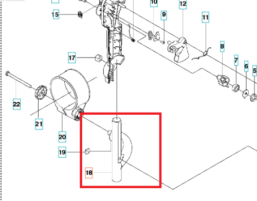 Uchwyt dmuchawy Husqvarna 530BT/580BTS w zarysie technicznym, widok boczny pionowy, czarny z metalowym wykończeniem, z otworem montażowym, bez oznaczeń.