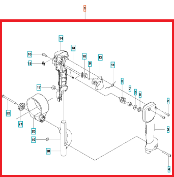 Rysunek techniczny uchwytu dmuchawy 130BT/530BT Husqvarna, części numerowane: uchwyt, rurki, mocowania, sfazowane na szaro-czarno, bez tła, przejrzysty schemat montażowy.