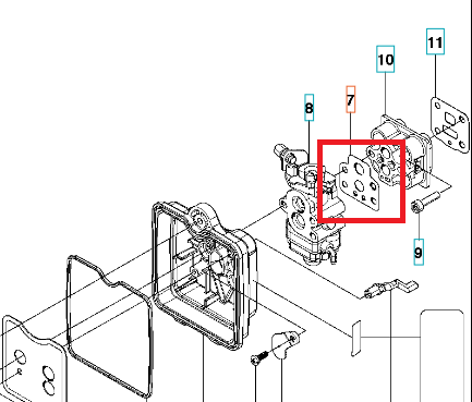 Uszczelka dmuchawy 530BT Husqvarna, widoczna na technicznym rysunku z oznaczeniami i numeracją, pokazująca detale otworów montażowych i kształt na białym tle.