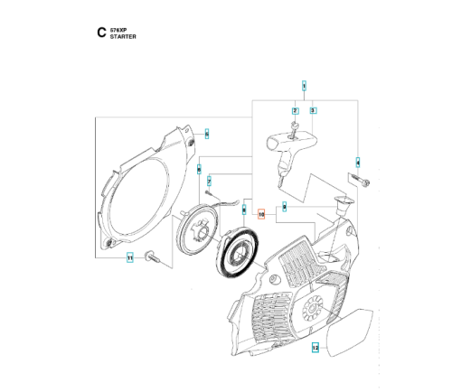 Rozrusznik pilarki Husqvarna 570/576XP/XPG z układem bocznym, obejmuje obudowę, sprzęgło, rączkę i elementy montażowe, wykonany z metalu i plastiku, z widocznym logo i prostymi oznaczeniami.