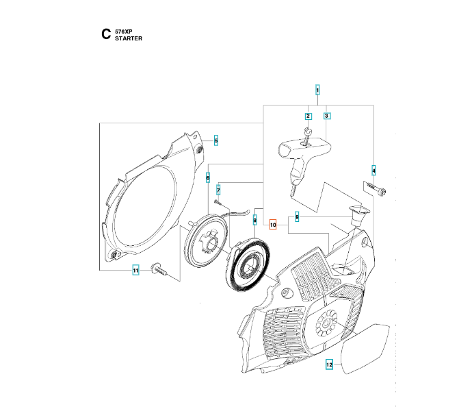 Rozrusznik pilarki Husqvarna 570/576XP/XPG z układem bocznym, obejmuje obudowę, sprzęgło, rączkę i elementy montażowe, wykonany z metalu i plastiku, z widocznym logo i prostymi oznaczeniami.