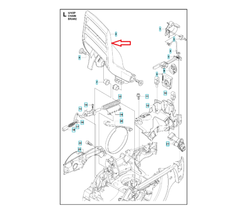 Dźwignia hamulca pilarki Husqvarna 575XP/576XP/570, widok frontalny. Plastik z pionowymi rowkami, kluczowy element hamulca. Montowana wraz z innymi częściami. Kolory: szarość i czarne akcenty.