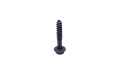 Śruba do wykaszarek i pilarek, kolor czarny, metalowa, z gwintem, z widoczną główką talerzową. Ujęcie frontowe, pokazujące całą długość śruby. Idealna do mocowania elementów w sprzęcie ogrodowym.