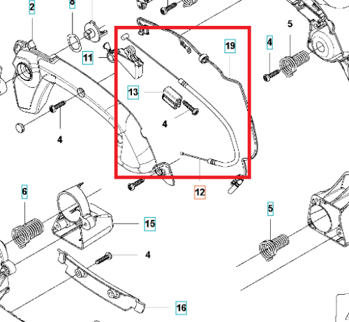 Linka gazu do dmuchawy Husqvarna 525BX, metalowa, elastyczna, w geometrycznym kształcie, widoczna w całości. Ułożona w nieco zakrzywionej pozycji, z włączonym mocowaniem na jednym końcu. Tło białe, co podkreśla detale produktu.
