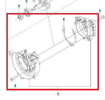 Skrzynia korbowa dmuchawy 525BX Husqvarna w zbliżeniu, z widocznymi elementami mocującymi oraz korpusem w kształcie cylindrycznym. Posiada otwory montażowe oraz detale mechaniczne, na białym tle, co ułatwia identyfikację komponentów.
