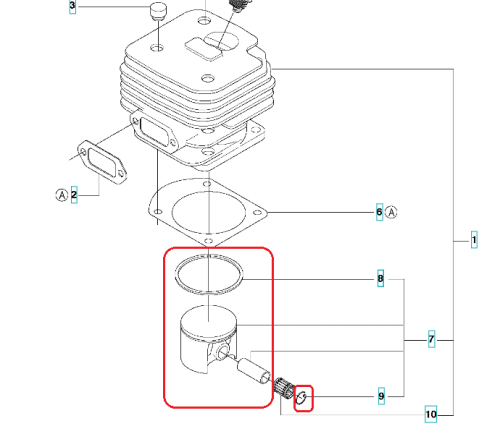 Tłok kompletny pilarki Husqvarna 61, cylindryczny kształt, wykonany z metalu, z widoczną konstrukcją i mocowaniem. Zbliżenie na detal, pokazujący otwór montażowy. Część umieszczona na neutralnym tle.