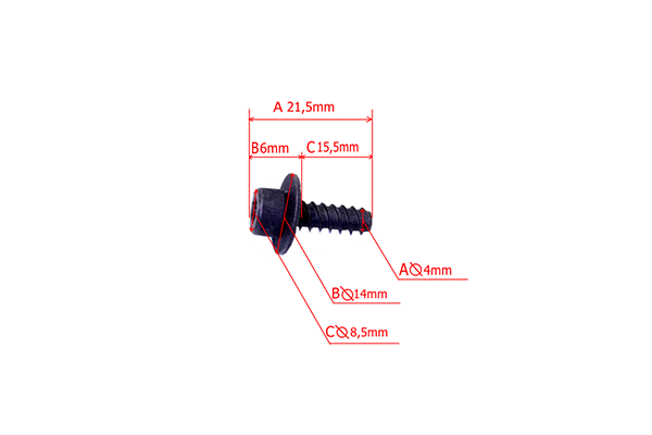 Śruba rozrusznika do wykaszarki Husqvarna 125R, czarna, wykonana z metalu. Widoczny gwintowany trzpień, średnica 4 mm, długość 21,5 mm. Ujęcie z boku, prezentujące detale oraz wymiary. W tle prosty, biały kolor.