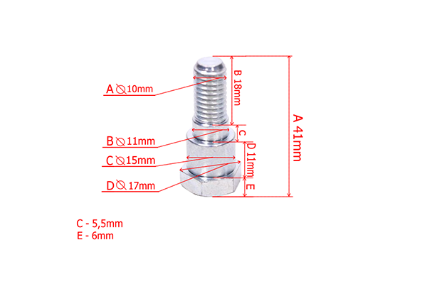Śruba tarczy tnącej McCulloch Cabrio, stalowa, z gwintem o średnicy 10 mm, w kształcie cylindrycznym, o długości 41 mm. Widoczna nakrętka i oznaczenia wysokości, kolor srebrny. Ujęcie z boku na białym tle, dokładne wymiary w mm.