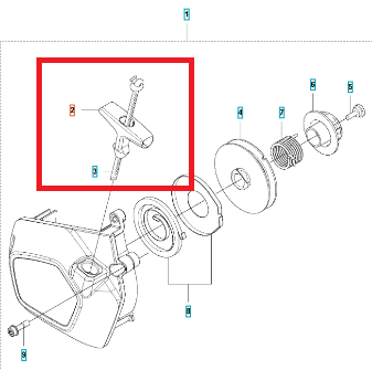 Dźwignia rozrusznika do dmuchawy 525BX/wykaszarki 525RXT Husqvarna, w kolorze metalicznym, umieszczona z boku na tle schematu. Przeznaczona do uruchamiania urządzenia, z wyraźnym mocowaniem i podwójnym uchwytem.
