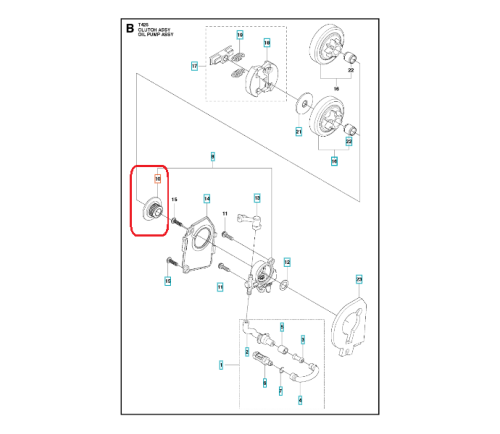 Ślimak pompy oleju pilarki Husqvarna T425, frontalny widok metalicznej części z mocowaniami na białym tle, część schematu montażowego.