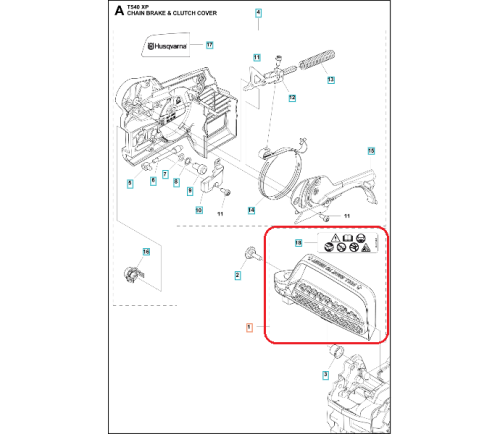 Czarna dźwignia hamulca pilarki Husqvarna T540 XP z symbolami ostrzegawczymi, frontalne ujęcie pokazujące detale, funkcjonalne wgłębienia i teksturę obudowy na białym tle.