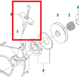 Linka rozrusznika dmuchawy 525BX Husqvarna, z widocznym uchwytem w kształcie litery T, umieszczona na schemacie montażowym. W kolorze czarnym, z metalowym mocowaniem. Produkt na białym tle, w pozycji stojącej, bez dodatkowych akcesoriów.