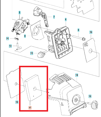 Filtr powietrza dmuchawy 525BX Husqvarna, prostokątny, biały, z widocznym napisem, leżący na płaskiej powierzchni w otoczeniu części urządzenia, zapewnia prawidłową cyrkulację powietrza.