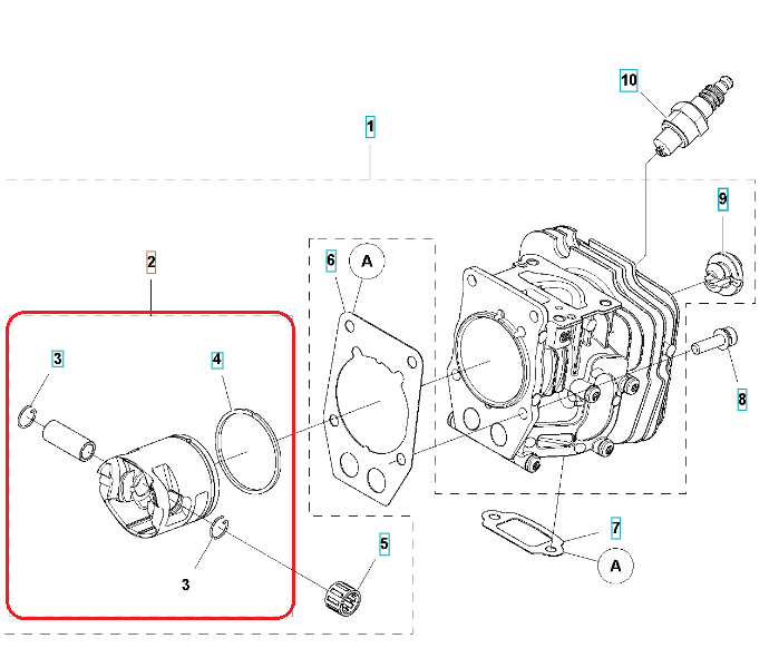 Zespół tłoka pilarki Husqvarna T540 XP, w tym tłok z pierścieniem, znakami i mocowaniami. Elementy są zaprezentowane z boku, z widocznymi detalami, takimi jak otwór tłoka i uszczelka. Całość na białym tle.