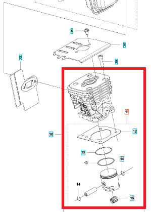 Tłok z cylindrem dmuchawy 525BX Husqvarna w układzie rozmontowanym. Pokazany w zbliżeniu na detal, z widocznymi elementami mocowania i tłokiem. Na przezroczystym tle, bez dodatkowych akcesoriów, jasno prezentuje konstrukcję i mechanikę.