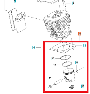 Tłok kompletny do dmuchawy 525BX Husqvarna z uszczelką i pierścieniami, cylindryczny, metaliczny, gładki, ustawiony pionowo z mocowaniami, na białym tle.