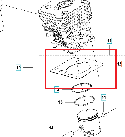Uszczelka tłoka dmuchawy 525BX Husqvarna, prostokątna, z wycięciem, wykonana z materiału odpornym na wysokie temperatury. Widok z boku, ukazujący detale kształtu i mocowania uszczelki.Produkt umieszczony na schemacie montażowym części dmuchawy.