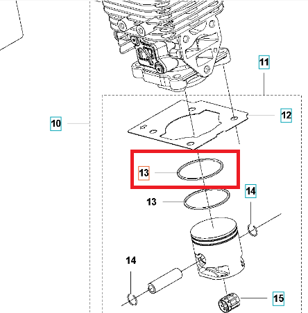 Pierścień tłoka do wykaszarki Husqvarna 525RX i dmuchawy 525BX, okrągły, gładki, metaliczny, umieszczony pomiędzy innymi elementami silnika. Zbliżenie na pierścień z widocznym miejscem montażu, na białym tle.