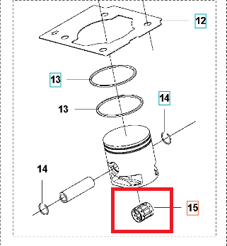 Łożysko dmuchawy 525BX Husqvarna, widoczne w zbliżeniu, z lekkim połyskiem, cylindryczne, metalowe, z otworami montażowymi. W otoczeniu elementów silnika, przedstawione na schemacie części zamiennych. Brak czytelnych napisów lub logo.