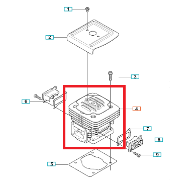 Cylinder dmuchawy 380BTS Husqvarna w rozbiorze, widoczny z boku. Elementy metalowe, z wyraźnymi detalami mocowania i otworami. Wysoka jakość wykonania, istotne dla użytkowania w narzędziach ogrodniczych. Tło białe, proste.
