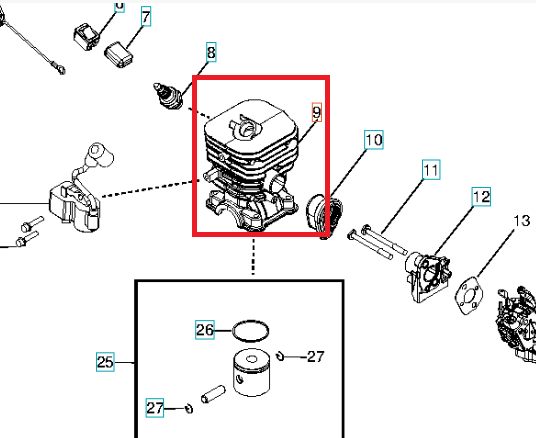 Cylinder dmuchawy Husqvarna 125B i 125BVX, szary metalowy element z logo, przetłoczeniami i otworem montażowym, kluczowy dla działania urządzenia.