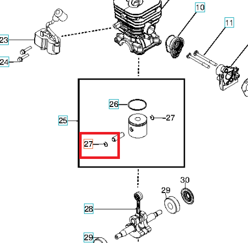Metalowy pierścień sprężynujący do dmuchawy Husqvarna 125B/132HBV, mały element w kształcie pierścienia, widoczny z cylindrem i tłokiem na białym tle, bez dodatkowych napisów lub logo.
