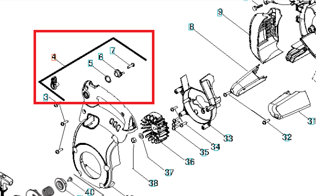 Zestaw dźwigni dmuchawy 125B Husqvarna, ilustracja techniczna z częściami oznaczonymi 3-7, w obramowaniu. Elementy szare i czarne, wyraźnie rozdzielone mechaniczne części.