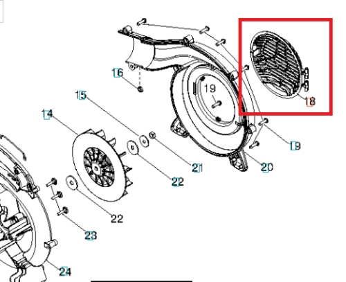 Osłona dmuchawy 125B Husqvarna, o okrągłym kształcie, wykonana z tworzywa sztucznego, w kolorze czarnym. Widoczny detal to otwór wentylacyjny, zamontowany w pozycji pionowej. Produkt przedstawiony na schemacie, w otoczeniu innych części.