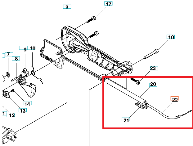 Linka dmuchawy 130BT Husqvarna w kolorze czarnym, zwinięta, z końcówką mocowania. Widoczny detal łączenia z dmuchawą, wyraźne oznaczenia i numer części. Ujęcie z boku, bez tła, na jednolitym tle. Element kluczowy dla funkcji dmuchawy.
