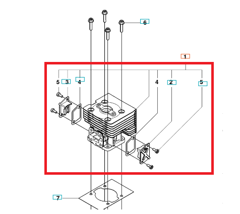 Cylinder dmuchawy 130BT Husqvarna widoczny z góry, metalowa prostokątna obudowa z żebrami chłodzącymi, otworami mocującymi i elementami montażowymi z wyjściem na powietrze.