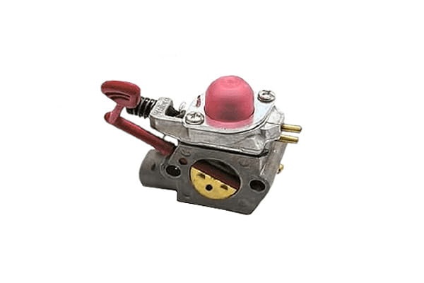 Gaźnik do dmuchawy GBV 325 McCulloch w kolorze metalicznym z różowym guzikiem. Produkt pokazany z boku, z widocznymi trzema otworami na paliwo, metalową obudową i sprężyną. Kompaktowy kształt, idealny do zastosowań ogrodowych.