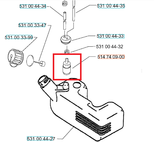 Filtr paliwa do dmuchawy Husqvarna 140B/165BT. Okrągły element z tworzywa sztucznego, biały z widocznym gwintem, zamontowany na kształcie zbiornika zewnętrznego. Widoczny detal mocujący u podstawy, umieszczony w pozycji leżącej na jasnym tle.