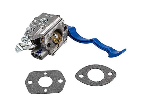Gaźnik dmuchawy 125B Husqvarna w kolorze szarym z niebieską rączką, z lewej strony widoczny gwint dla mocowania. W zestawie dwie uszczelki o okrągłym kształcie. Produkt leży na białym tle, uchwycony z góry.