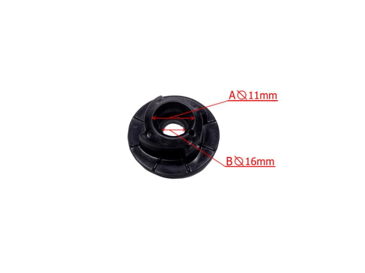 Zestaw koła linowego dmuchawy 125BVX, czarny element plastikowy o średnicy 16 mm (nazwa B) i otworze 11 mm (nazwa A), widoczny z góry. Kształt okrągły z wyraźnymi oznaczeniami dla pomiarów. Prosta faktura, brak wzorów.