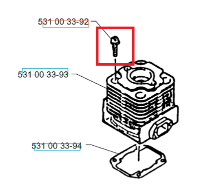 Śruba cylindra dmuchawy Husqvarna 140B/155BT, metaliczna, z gwintem, w położeniu pionowym na tle silnika cylindrycznego. Element o standardowej długości z widocznym gwintem. Zamek mocujący w opakowaniu serwisowym.