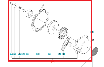 Rozrusznik kpl. dmuchawy 150BF/350BT Husqvarna przedstawia zestaw elementów konstrukcyjnych. Widoczne są detalicznie pokazane poszczególne części, w tym wałek, tarcze i mocowania, w układzie przestrzennym, co ułatwia ich identyfikację.
