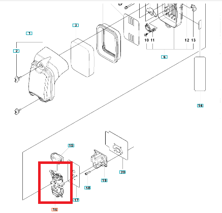 Gaźnik dmuchawy 150BF/350BT Husqvarna, widok z boku, zamontowany w schemacie części. Część metalowa, z detalami montażowymi, widocznymi otworami i uszczelką. Kolor dominuje stalowy. W tle schemat elektryczny z numeracją elementów.