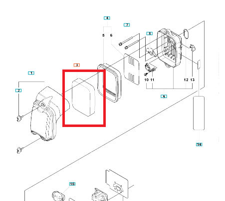 Czarny, prostokątny filtr powietrza do dmuchawy Husqvarna 150BF/560BTS z otworami do cyrkulacji powietrza i widocznym montażem. Położony na białym tle, gładka powierzchnia.