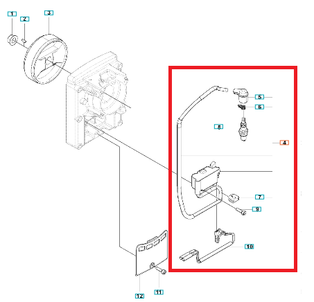 Moduł zapłonowy dmuchawy Husqvarna 150BF/150BT, ukazany w zbliżeniu, z widocznymi elementami montażowymi oraz przewodami. Produkt leży na tle technicznym, a detale takie jak złącza i wyjścia elektryczne są czytelne.