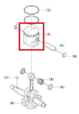 Tłok dmuchawy Husqvarna 150BF/350BT w kształcie cylindrycznym. Element metalowy z wyraźnym otworem do mocowania. Widoczne oznaczenia oraz detale konstrukcyjne. Tłok zaprezentowany w układzie montażowym, w otoczeniu innych części urządzenia.