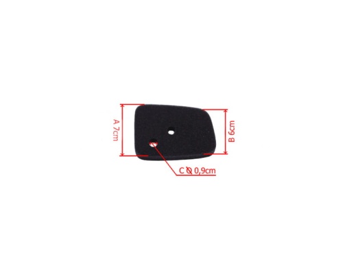 Filtr powietrza do nożyc Husqvarna 122HD60 w kolorze czarnym. Prostokątny kształt, wymiary 7 cm x 6 cm, z centralnym otworem o średnicy 0,9 cm. Ułożony na białym tle, pokazujący szczegóły konstrukcyjne i wymiary.