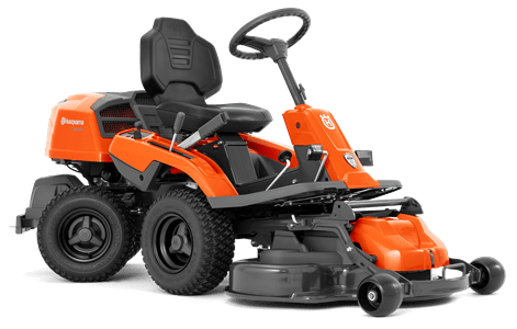 Rider R214TC Comfort Edition Husqvarna, stojący, z zestawem tnącym Combi 94cm, pomarańczowa obudowa, czarne ergonomiczne siedzenie, duże koła terenowe, przejrzyste tło.