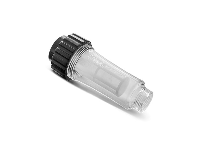 Filtr wody WF 300 do myjek Husqvarna w przeźroczystej obudowie z czarnym nakrętka, leżący na białym tle. Widoczny detal w postaci siatkowego wkładu filtrującego wewnątrz, nieznaczny kąt uchwycenia z boku.