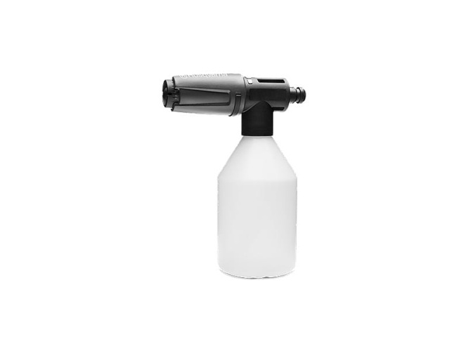 Rozpylacz/Pianownica FS 300 do myjek Husqvarna z białą, plastikową butlą i czarną końcówką. Ujęcie frontalne, stojący, widoczna struktura powierzchni i logo. Przeznaczenie do myjek ciśnieniowych, idealny do czyszczenia.