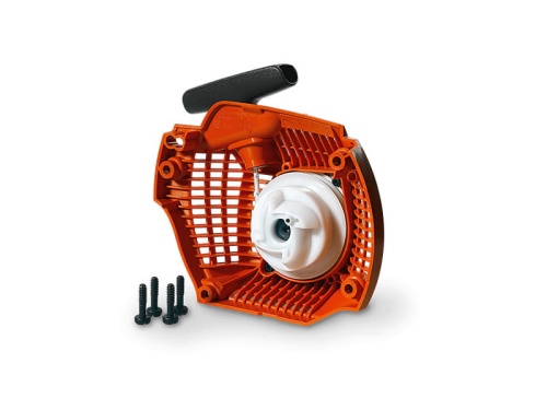 Rozrusznik do dmuchawy Husqvarna 150BF/350BT w kolorze pomarańczowym z czarną rączką, widok frontowy. Widać wewnętrzne elementy, białą rolkę mechanizmu oraz sześć śrub mocujących. Tło jednolite, co podkreśla szczegóły produktu.