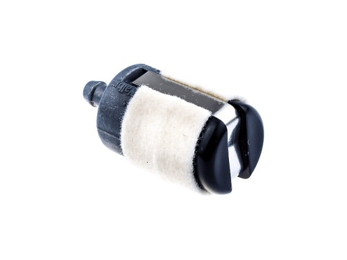 Filtr paliwa do dmuchawy Husqvarna 140B/165BT w kolorze czarnym z białą osłoną. Produkt ma cylindryczny kształt, wykonany z plastiku i filcu. Widoczny otwór do montażu. Ujęcie z boku, na jednolitym tle, podkreślające szczegóły konstrukcji.