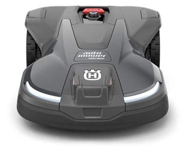 Automower® 450X NERA to ciemnoszary robot koszący Husqvarna z logo z przodu i diodami LED, łączący ergonomiczną formę z nowoczesną technologią koszenia.