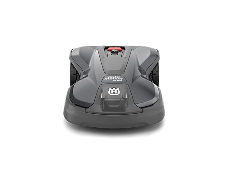 Automower® 320 NERA Husqvarna, ciemnoszary robot koszący o aerodynamicznym kształcie, z logo na środku i widocznym przyciskiem start na górze, idealny do ogrodów.