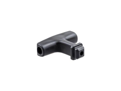 Dźwignia rozrusznika dmuchawy 125B/wykaszarki 128R Husqvarna, w kolorze czarnym, o kształcie litery T, wykonana z tworzywa sztucznego. Produkt leży na jednolitym tle. Widoczne otwory mocujące na końcach dźwigni, brak dodatkowych detali.